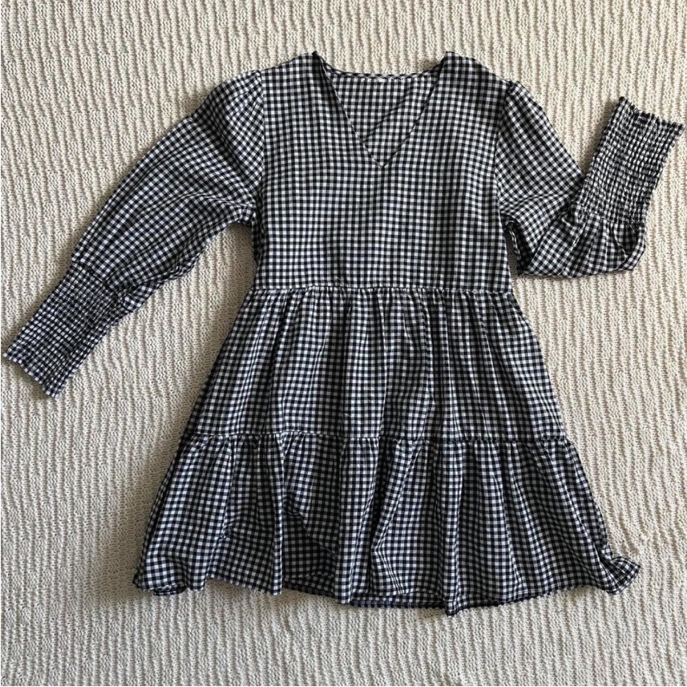 Gingham Long Sleeve Short Dress | Black & White | Size S | Women